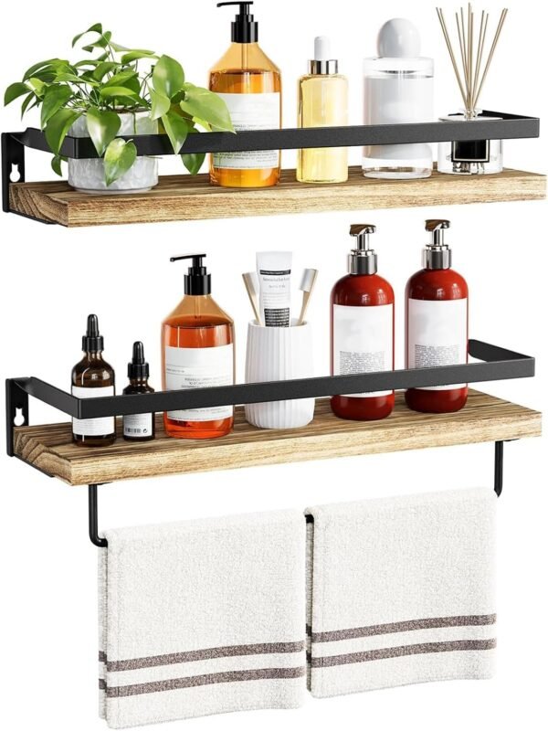 Bathroom Shelves with Towel Bar, Floating Shelves, Wall Shelves for Bathroom/Living Room/Kitchen/Bedroom, Light Brown, Set of 2 -