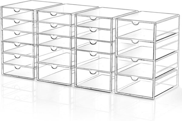 Makeup Drawer Storage Organizer with 20 Drawers, 4 Set Acrylic Office Desk Organization and Storage, Dustproof Drawer Organizer for Makeup, Office, Countertop, Jewelry, Pen, Desktop, Bathroom, Bedroom
