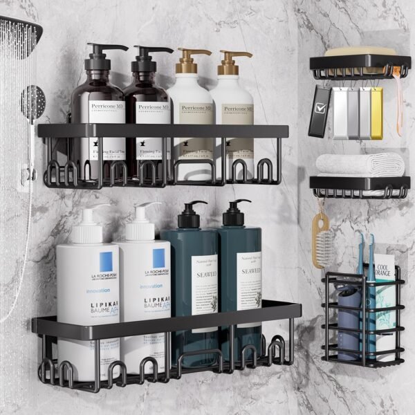5-Pack Rustproof & Waterproof Kitchen Sink Organizer, Large Capacity Spice Rack，Heavy-Duty Wall-Mounted Storage Shelves for Kitchen & Bathroom, Soap Dish & Multi-Purpose Sponge Holder, Black