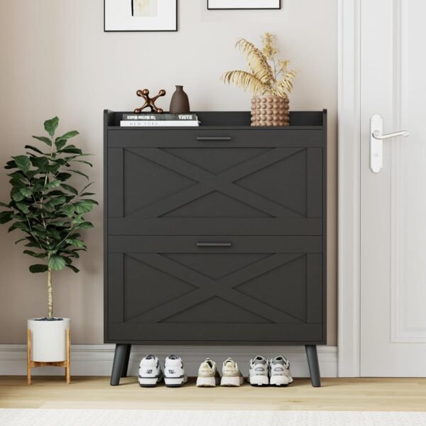 Farmhouse Shoe Storage Cabinet with 2 Flip Drawers and Barn Door Design, Adjustable Shelves, Modern Hidden Slim Narrow Shoe Rack Cabinet for Entryway, Foyer, Hallway, Living Room, Black