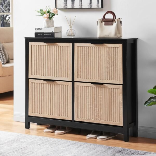 4 Flip Drawers Shoe Cabinet Storage for Entryway, Narrow Shoe Organizer Cabinet for Front Door Entrance, Free Standing Hidden Wooden Hallway Shoe Rack(Oak)