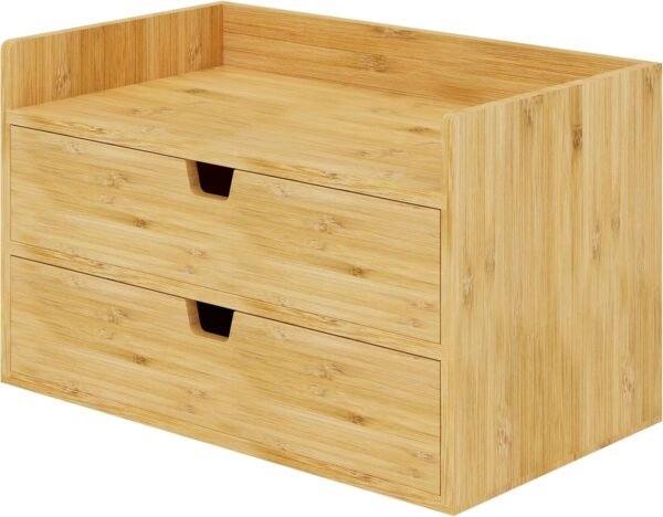 Bamboo Desk Organizer, 3 Tier Desktop Organizer with 2 Drawers, Tabletop Storage box for Home Office Supplies, Make up and More, No Assembly Required