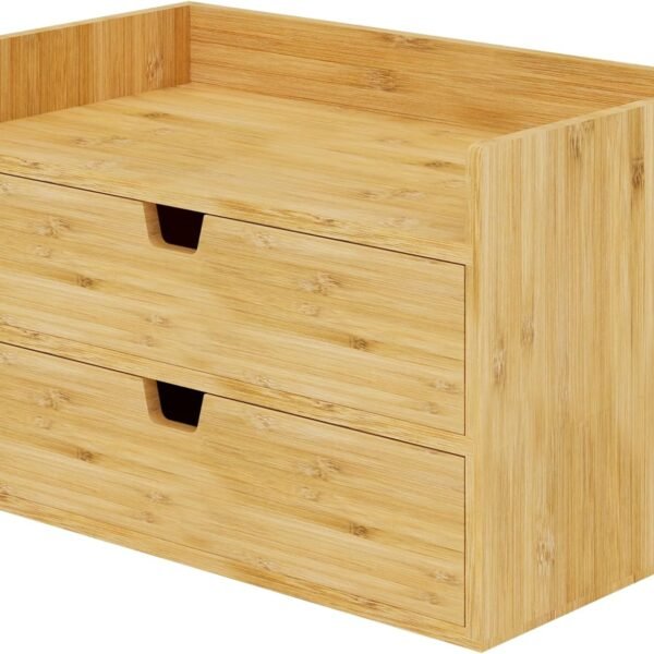 Bamboo Desk Organizer, 3 Tier Desktop Organizer with 2 Drawers, Tabletop Storage box for Home Office Supplies, Make up and More, No Assembly Required