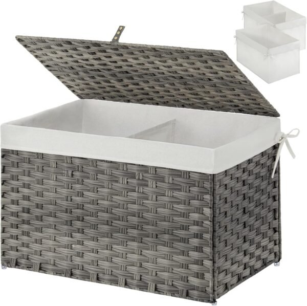 Storage Basket with Lid, 27.7 Gallon(105L) Lagre Wicker Blanket Storage Basket with Handles, Foldable, 2 Removable Liner Bags, Metal Frame, for Bedroom, Laundry Room, Grey,25.6"*15.7"*15.7"