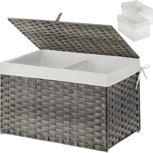 Storage Basket with Lid, 27.7 Gallon(105L) Lagre Wicker Blanket Storage Basket with Handles, Foldable, 2 Removable Liner Bags, Metal Frame, for Bedroom, Laundry Room, Grey,25.6"*15.7"*15.7"