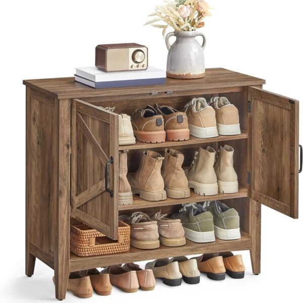 Shoe Cabinet, 3-Tier Shoe Storage Organizer, Shoe Shelf, Traditional American, Freestanding Cabinet with Height-Adjustable Shelf, 13.8 x 31.5 x 27.6 Inches, Entryway, Honey Brown ULBC038B01