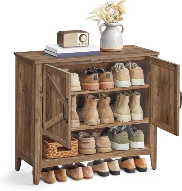 Shoe Cabinet, 3-Tier Shoe Storage Organizer, Shoe Shelf, Traditional American, Freestanding Cabinet with Height-Adjustable Shelf, 13.8 x 31.5 x 27.6 Inches, Entryway, Honey Brown ULBC038B01