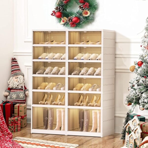 Portable Shoe Rack Organizer 6 Tier 24 Pairs Foldable Shoe Box with Doors, Large Folding Cabinet Bins.Stackable Plastic Shoe Box, Storage Shoe Cabinet for Hallway, Living Room, Closet