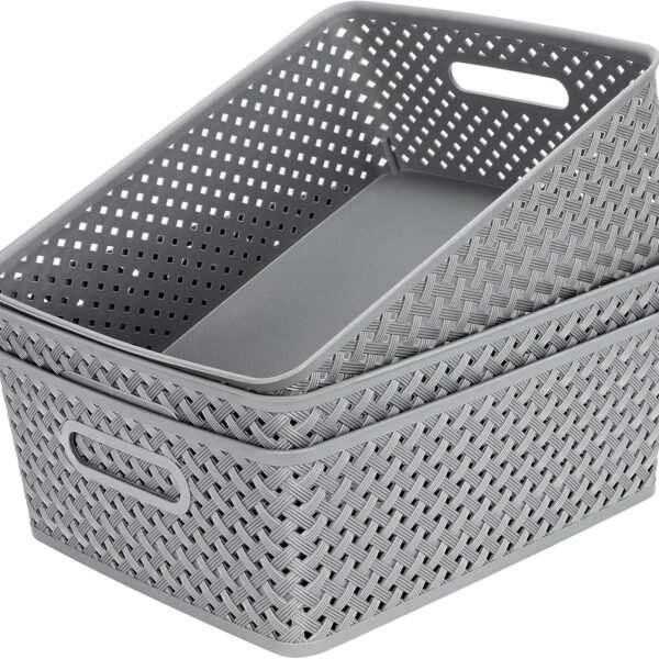 Organization and Storage 3 Packs, Plastic Bins Organizer Bins, Woven Baskets for Storage, Plastic Baskets with Handles, Grey Basket for Organizing, Basket Organizer for Home and Office, Large