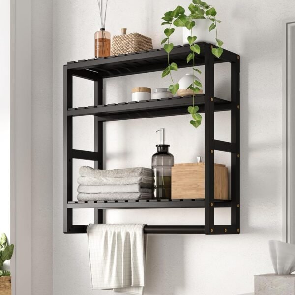 Bathroom Shelves Towel Racks Over Toilet Storage with Towel Bar 3 Tier Floating Wall Mounted Space Saving Bamboo Paper Holder for Bathroom Laundry Room Kitchen Organizers (Black)