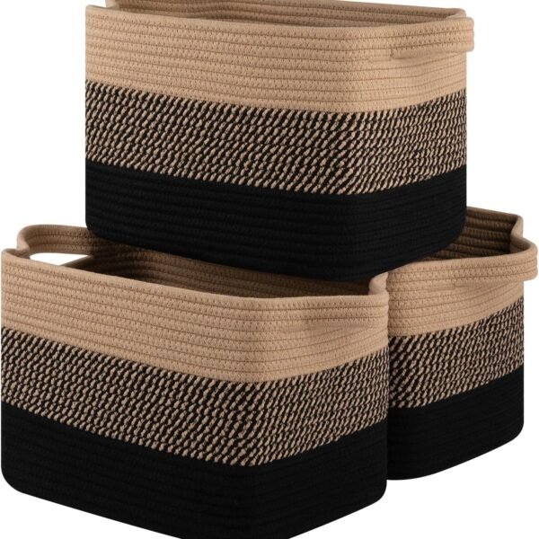 Storage Basket for Organizing, Woven Baskets for Storage, Rectangle Decorative Baskets for Shleves, Closet, Toys, Books, Nursery Organizer Bins - Pack of 3 (Black & Brown)