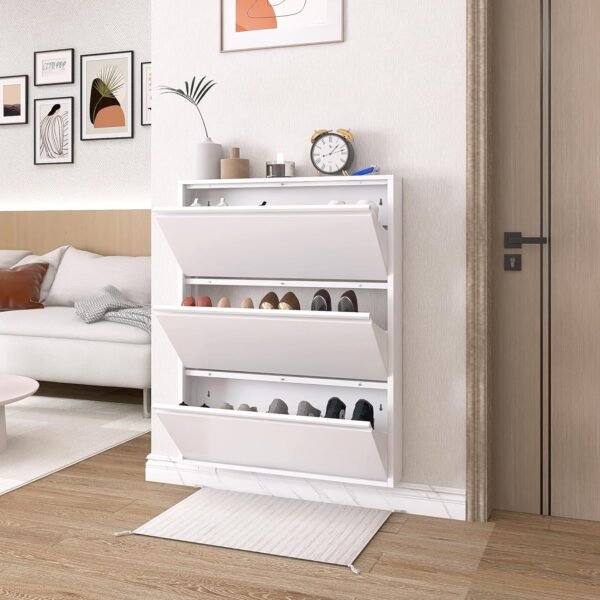 3 Flip Drawers Shoe Storage Cabinet,Narrow Shoe Wall Cabinet for Entryway,3 Tier Freestanding Shoe Organizer for Hallway, Bedroom, Apartment, White 43" H*31.5" W*6" D
