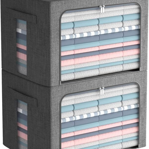 2 Pack Clear Window Storage Bins Large Foldable Fabric Storage Bins Boxes for Clothes Stackable Organizer Set with Carrying Handles19.7X 15.7X 12.6 Inches