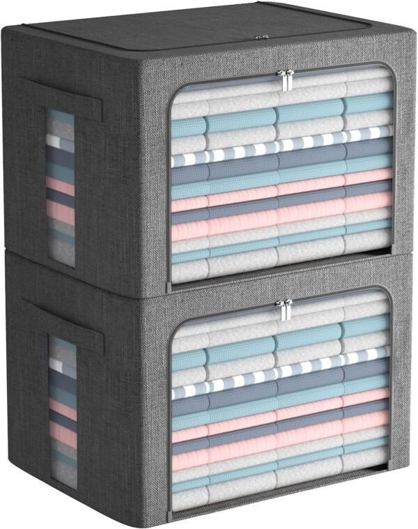 2 Pack Clear Window Storage Bins Large Foldable Fabric Storage Bins Boxes for Clothes Stackable Organizer Set with Carrying Handles19.7X 15.7X 12.6 Inches