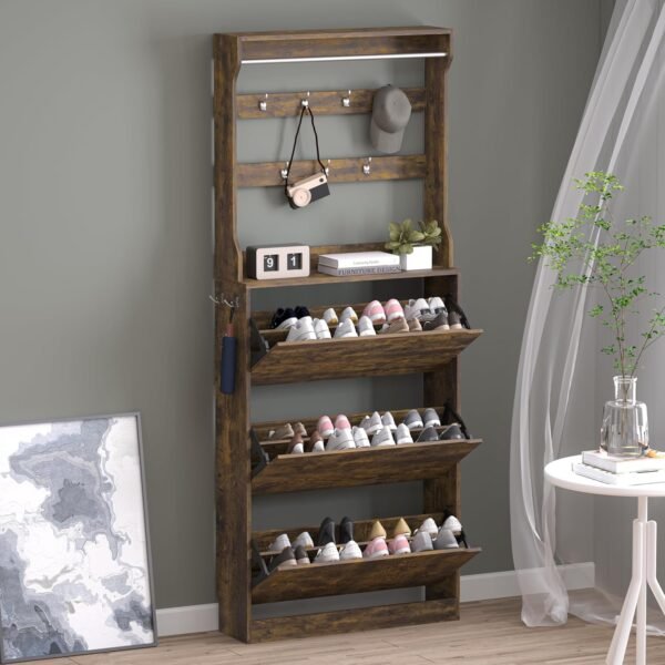 Shoe Cabinet with 3 Flip Drawers & Coat Rack, Narrow Hidden Shoe Storage Cabinet, 2-in-1 Hall Tree Slim Freestanding Shoe Rack Organizer for Entryway, Hallway, and Living Room