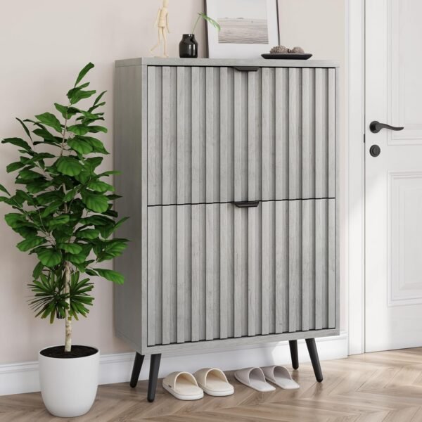 Shoe Cabinet with 2 Flip Drawers, 23.6" Grey Hidden Shoe Storage Cabinet with Fluted Design, Freestanding Shoe Organizer Cabinet for Entryway, Hallway, Living Room, Closet
