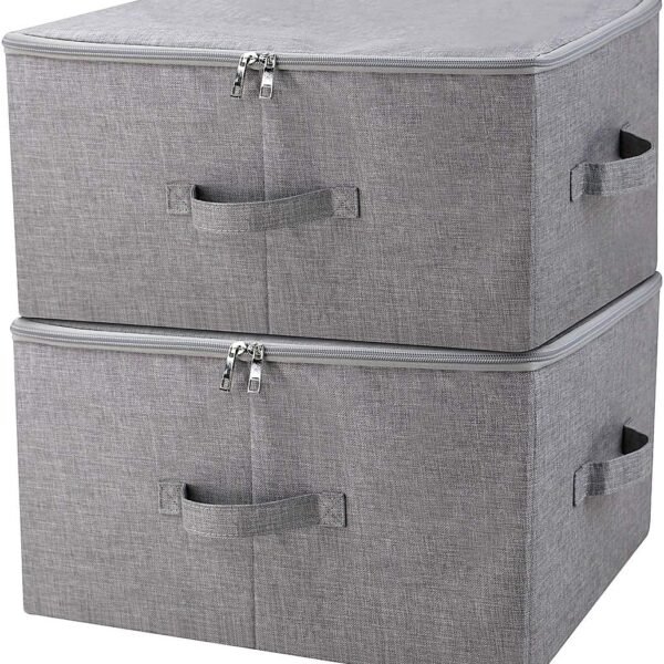 Folding Storage Box with Zip Lid and Handles, Rigid Storage Baskets With Linen Fabric& Plastic Board, Closet Shelf Drawers,Dark Gray, 2 pcs