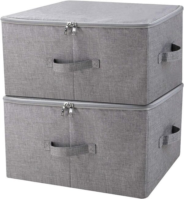 Folding Storage Box with Zip Lid and Handles, Rigid Storage Baskets With Linen Fabric& Plastic Board, Closet Shelf Drawers,Dark Gray, 2 pcs