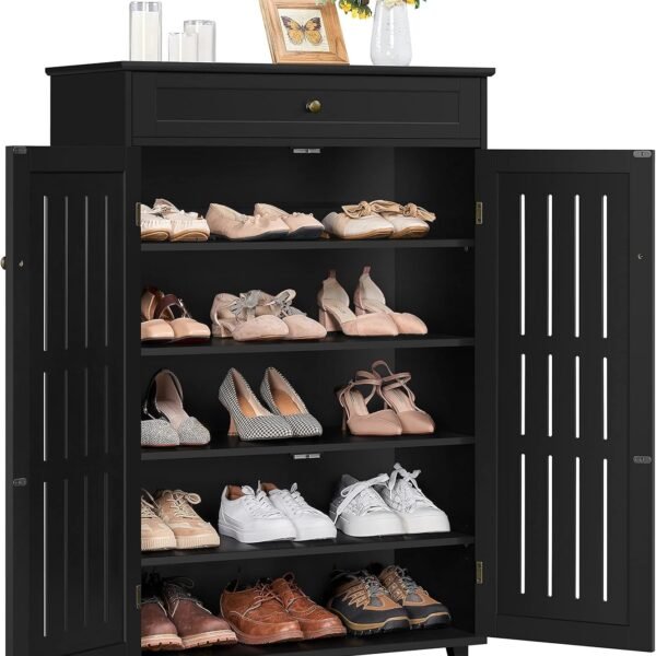 Shoe Cabinet, 5-Tier Shoe Rack Organizer with 1 Drawer, Freestanding Wooden Shoe Storage Cabinet with 2 Louvered Door & Adjustable Shelves for Entryway Hallway, Black
