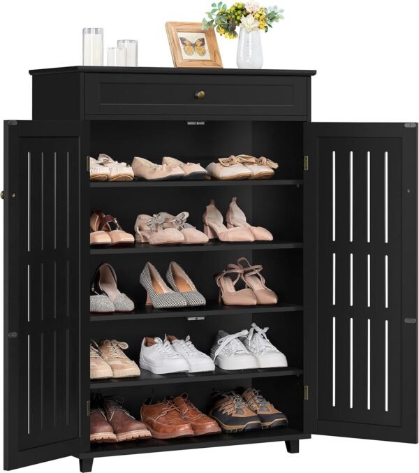 Shoe Cabinet, 5-Tier Shoe Rack Organizer with 1 Drawer, Freestanding Wooden Shoe Storage Cabinet with 2 Louvered Door & Adjustable Shelves for Entryway Hallway, Black