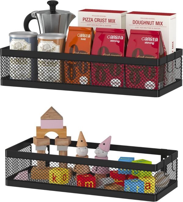 Hanging Storage Baskets Organizer Wall Mount, Metal Wire Storage Bin Rack for Kitchen Bathroom Shower Spice Shelf Home Decor Essentials Black-2 Packs (Netting)