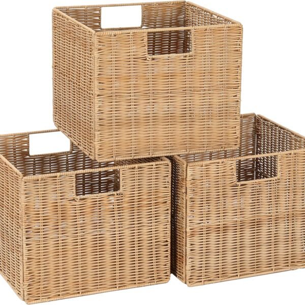 12X12X10in Plastic Wicker Storage Basket, Collapsible Wicker Cube Storage for Shelves, Woven Plastic Storage Basket for Pantry, Bedroom, Living Room, Bathroom, Shelves-3 Pack