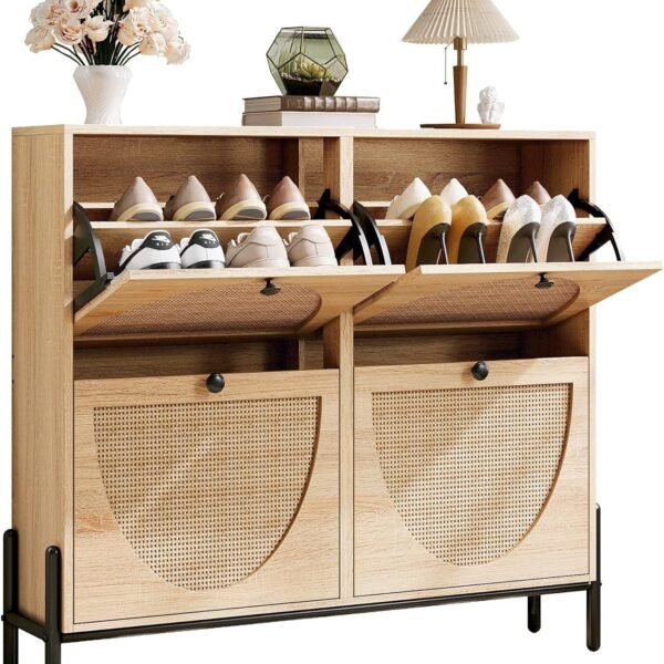 Rattan Shoe Cabinet Storage with 4 Flip Drawers, Freestanding Shoe Storage Organizer Cabinet for Entryway, Narrow Shoe Rack Cabinet, Oak