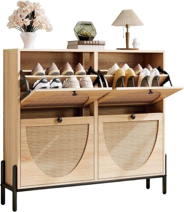 Rattan Shoe Cabinet Storage with 4 Flip Drawers, Freestanding Shoe Storage Organizer Cabinet for Entryway, Narrow Shoe Rack Cabinet, Oak
